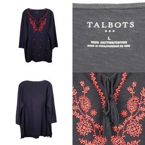 Talbots Tunic Women’s Large Navy & Red Floral Embroidered LS Tie Front Tunic Top